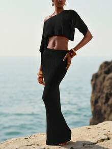 Zivah 2 pièces/set Top de plage tricoté et mini-jupe tricotée assortis, couleur unie élégante et décontractée pour les vacances - Noir - Voir 6