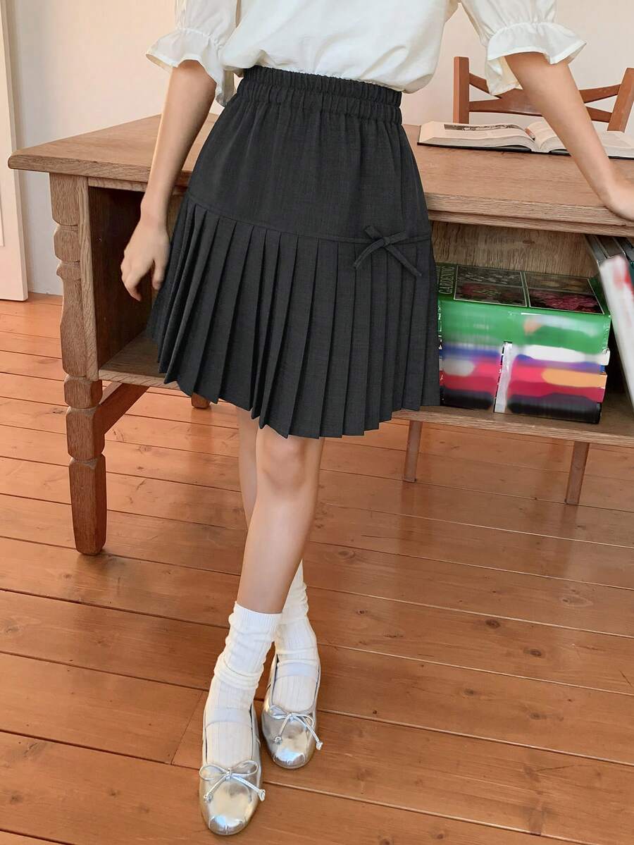 Dazy Kids 少女休闲百褶迷你裙，日常穿着及校园风格，夏季 - 灰色 - 查看 1