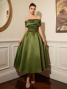 Poshira Women's Lace Patchwork Ruffle Off-Shoulder Elegant Cocktail Party Dress - Green - View 4