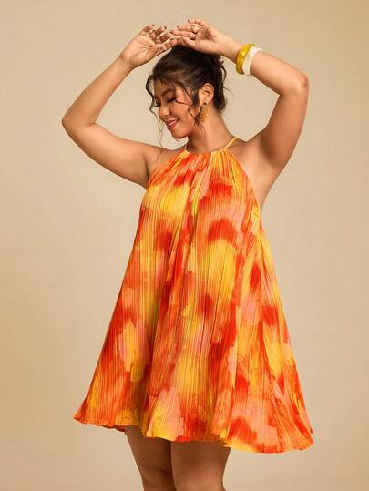 Travachic Plus Size Women's Summer Beach Vacation Tie-Dye A-Line Flowy Halter Mini Dress, Sexy And Cute For Lunch, Party, Date, Valentine's Day,Sun Dress
