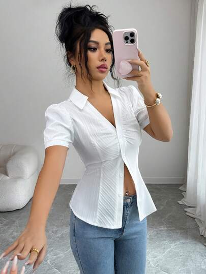 Elenzga Women's V-Neck Pleated Waist Elegant Casual New Summer Shirt With Button Decor And Puff Sleeves, White