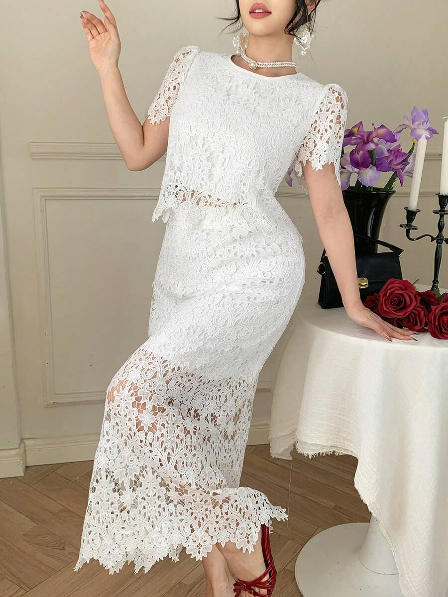 DAZY Hollow Lace Blouse & High Waist Skirt Set, Fashionable & Elegant, Slimming, Gentle Style For Women Summer - Beige - View 1