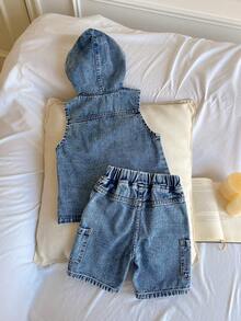 Genkimix Kids 2pcs/Set Toddler Boy Two Piece Denim Set, Hooded Denim Vest And Pocket Cargo Short, Toddler Denim Outfit - Baby Blue - View 4