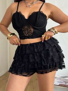 Coolane Quần short siêu ngắn ren đen xếp tầng bèo nhún dành cho nữ cỡ lớn mùa xuân/hè, phong cách punk rock bohemian gợi cảm, lễ hội âm nhạc Y2K, quần short cạp siêu thấp bằng ren mới, quần short ren bèo nhún màu đen. - màu đen - Xem 4