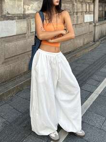 Coolane Holiday Outfits For Women Summer Outfits Minimalist Casual Streetwear Beach Pants White Pants Cotton Bloomer Shorts For Vacation Loose Tapered Leg Pants - White - View 4