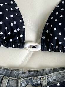 Bộ bikini hai mảnh dây mảnh in chấm bi dành cho thiếu nữ, kiểu dáng thường ngày, màu đen trắng, họa tiết chấm bi, thích hợp cho kỳ nghỉ, đi biển, mùa xuân/hè. - Đen và trắng - Xem 6