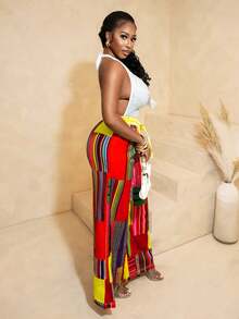 SHEIN BamGlam 女士新款春夏条纹印花直筒裤，海滩度假的完美之选 - 彩色 - 查看 5