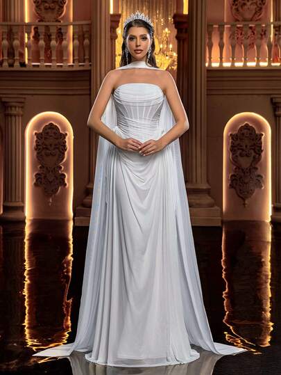 Glamrae Elegant Minimalist Open Shoulder Handmade Pleated Design With Boned Waist Silhouette, Suitable For Various Occasions Such As Wedding Dresses And Formal Gowns
