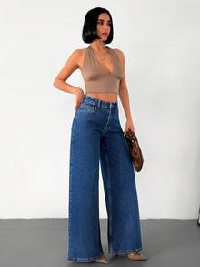 EURMUSE Quần jean cạp cao, đã giặt, ống siêu rộng - Rửa trung bình - Xem 4