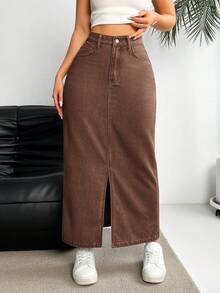 EMERY ROSE Women's Pocketed Split Hem Long Casual/Work Denim Midi Skirt Brown Denim Skirt Long Jean Skirt Long Skirt With Slit Women's Skirt Brown Maxi Skirt - Coffee Brown - View 3