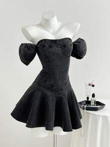 Elamini Women's Off-Shoulder Short Sleeve Ruffle Hem Fashionable Denim Dress - Grey - View 1