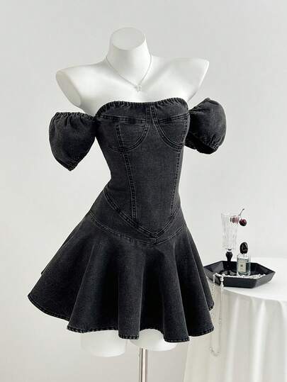 Elamini Women's Off-Shoulder Short Sleeve Ruffle Hem Fashionable Denim Dress