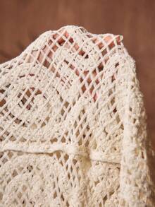 AKNOTIC Business Casual 杏色波西米亚风半透明针织衫男士短袖荷叶边常规上衣男士针织套装男士蕾丝衬衫男士沙滩装白色奶油色男士钩针套装开襟针织衬衫 - 杏色 - 查看 9