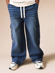 SUMWON 阔腿工装口袋牛仔裤，配有抽绳腰带和侧袋，适合秋冬休闲街头风度假穿着。 - 藍色 - 查看 4