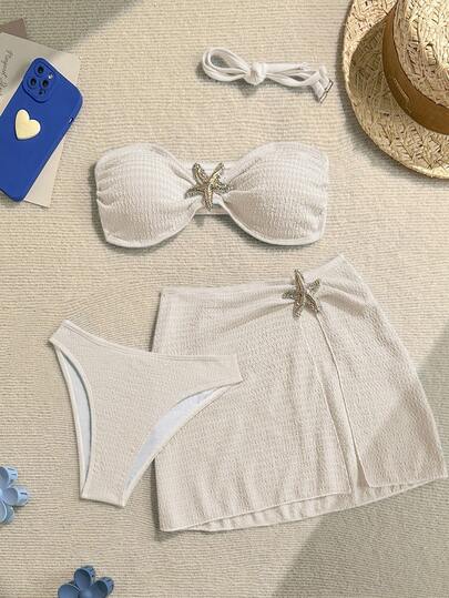 Soleia Women's Beach Vacation Metallic Starfish Decor Textured Bandeau Bikini Set With Cover-Up Skirt