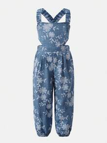 SHEIN 少女花卉刺绣褶皱休闲交叉绑带连体裤 - 藍色 - 查看 7