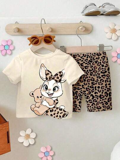 SHEIN 女婴休闲圆领短袖T恤和打底裤套装，可爱兔子印花、豹纹印花、时尚豹纹印花，春夏款