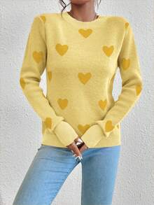 EMERY ROSE 爱心提花圆领休闲长袖女式毛衣，适合情人节、秋冬季穿着。 - 黃色 - 查看 4