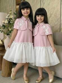 Young Girl Light Pink Summer 7th Birthday Princess Dress Set,Delicate Lace Applique 3D Flower Collar Capelet & Ruched Organza Flared Dress,2pcs Kids - Pink - View 1