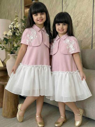 Conjunto de vestido de princesa con capa elegante y delicada para niña, con aplicación de encaje con flores 3D en el cuello y vestido de organza fruncido y acampanado con cuello redondo