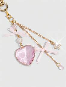 ROMWE Kawaii 1件甜美芭蕾蝴蝶结心形钻石星星吊坠包包挂饰，情人节心形钥匙扣/手机挂饰，情人节、生日、节日的绝佳礼物 - 粉色 - 查看 4