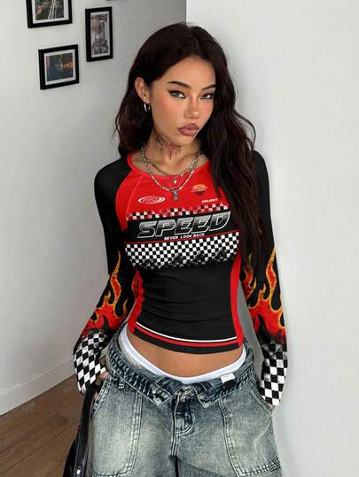 Coolane Casual Sports Style Racing Chessboard Flame Letter Graphic Colorblock Women T-Shirt, Suitable For Autumn/Winter, Early Spring, Music Festivals