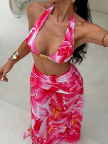 Swim SXY 3件套女士夏季沙滩泳衣，随机印花露背比基尼上衣、下装和薄纱长裙性感泳装套装 - 粉色 - 查看 1