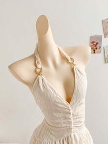 Soleia Romantic Vacation Halter Knit Mesh Blue Printed Dress For Women - Beige - View 7