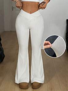 Coolane Women's Spring/Summer Basic Daily Wear Knit Streetwear Casual Yoga Simple V-Shaped Waist White Knitted Flare Leggings - White - View 2