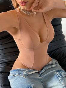 SuitURBody Bộ jumpsuit nữ màu trơn, hở lưng, dây chéo, gợi cảm, đa năng. - Màu be - Xem 7