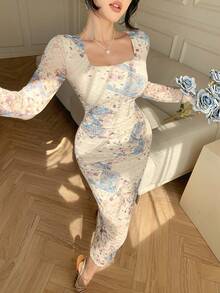 DAZY Vestido midi elegante de manga larga con cuello cuadrado y estampado total para invitada de boda - Beis - Ver 6