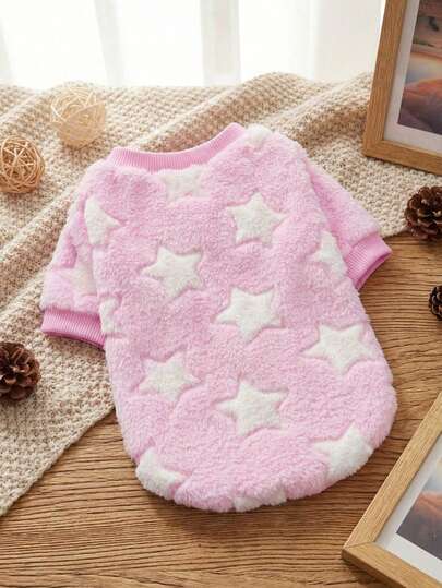 PETSIN 1 Pc Pet Pink With White Star Print Fleece Warm Crew Neck , Suitable For Autumn/Winter