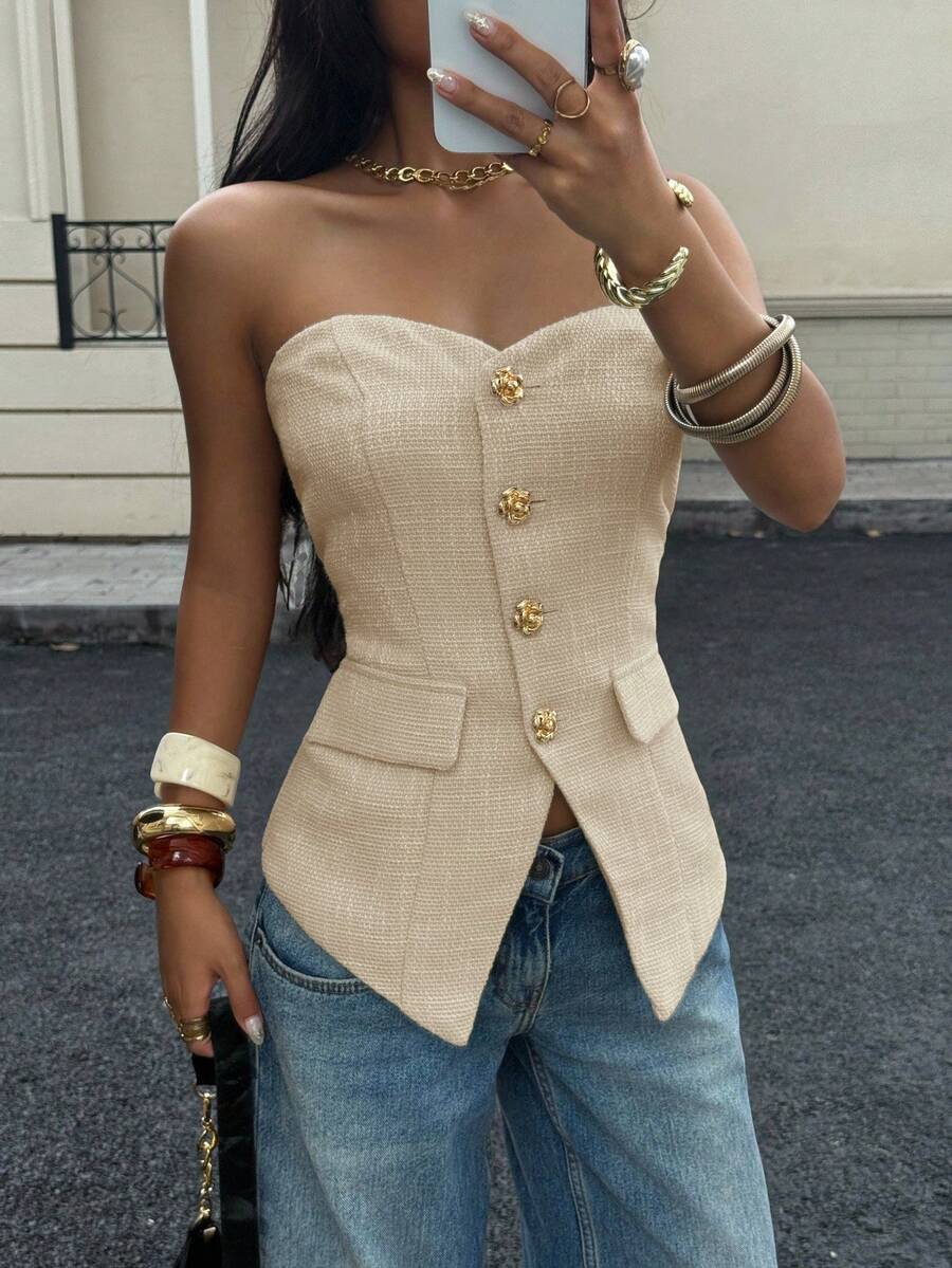 Siren Gaze 女士新款加厚粗花呢抹胸上衣，秋冬款 - 卡其色 - 查看 1