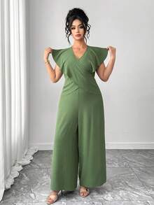 Elenzga 夏季新款百搭荷叶边女士连体裤，时尚优雅，适合度假穿着 - 軍綠色 - 查看 7