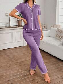 SHEIN 女士经典简约紫色V领短袖上衣和裤子家居服套装，休闲睡衣 - 紫色 - 查看 6