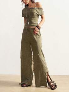Bohemela 2pcs Women Summer Casual Asymmetrical Shoulder Top And Side Button Wide Leg Pants Set - Green - View 6
