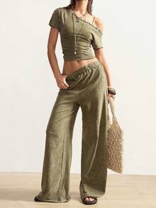 Bohemela 2pcs Women Summer Casual Asymmetrical Shoulder Top And Side Button Wide Leg Pants Set - Green - View 8