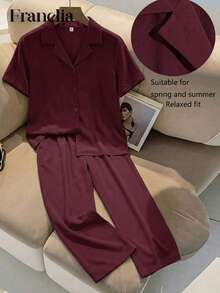 Franclia 女士优雅两件套：短袖衬衫，松紧腰抽绳裤 - 紅色 - 查看 1