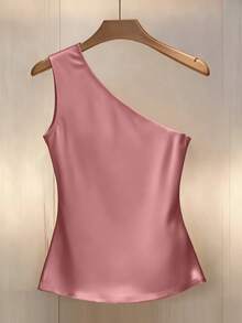 Franclia Elegant Fashion Oblique Collar Pleated Trim Button Decor Women Blouse - Pink - View 2