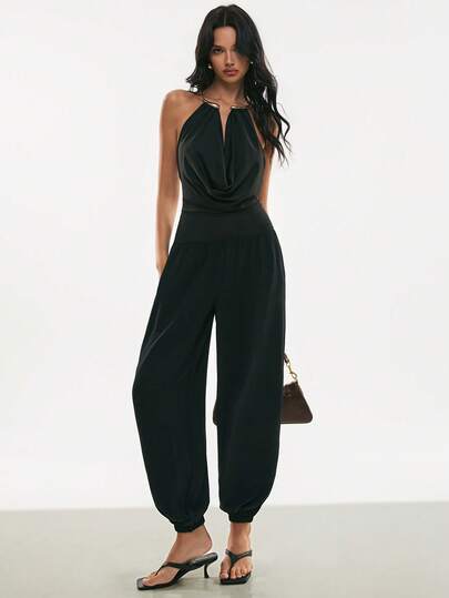 Poéselle Women's Solid Color Minimalist Casual Sleeveless Jumpsuit