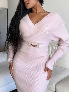Tyla Gomez Surplice Neck Batwing Sleeve Chain Detail Sweater Dress Fall Winter Cloth For Women - Dusty Pink - View 5