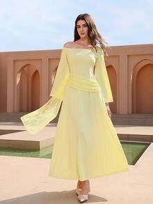 Graceveil Asymmetric One-Shoulder Lace Patchwork Waist Cinched Long Sleeve Midi Dress For Women - Pale Yellow - View 2