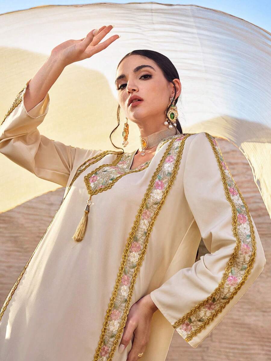 Al Najma Women's Turkish Maxi Dress & Arabic Traditional Abaya Kaftan Jalabiya Dress - Apricot - View 1