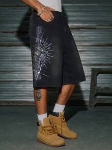 AXEPEAK Men's Washed Loose Casual Rhinestone Embellished Shorts - Black - View 2