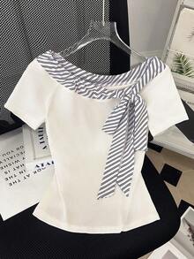 GlowEve 女士时尚条纹拼接浪漫优雅休闲通勤约会派对用餐长袖T恤，春夏款 - 彩色 - 查看 1