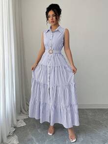 Elenzga 女士条纹纽扣腰无袖连衣裙 - 藏蓝色 - 查看 4