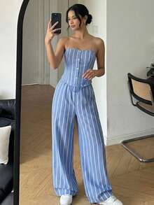 Reset Phase 2pcs/Set Teen Girl Striped Tube Top Cardigan Top And Elastic Waist Wide Leg Pants Casual Outfit, Spring/Summer - Blue and White - View 1