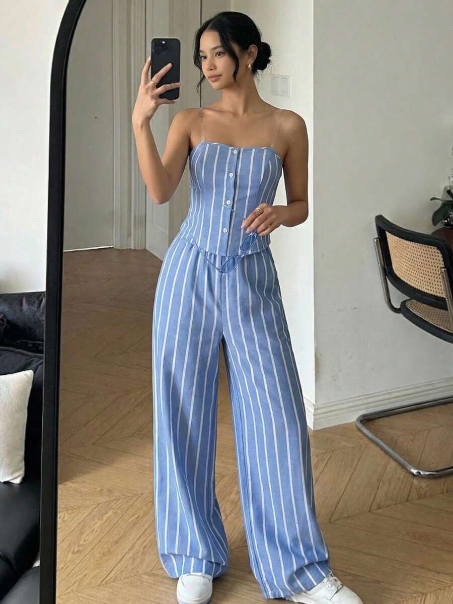 Reset Phase 2pcs/Set Teen Girl Striped Tube Top Cardigan Top And Elastic Waist Wide Leg Pants Casual Outfit, Spring/Summer - Blue and White - View 1