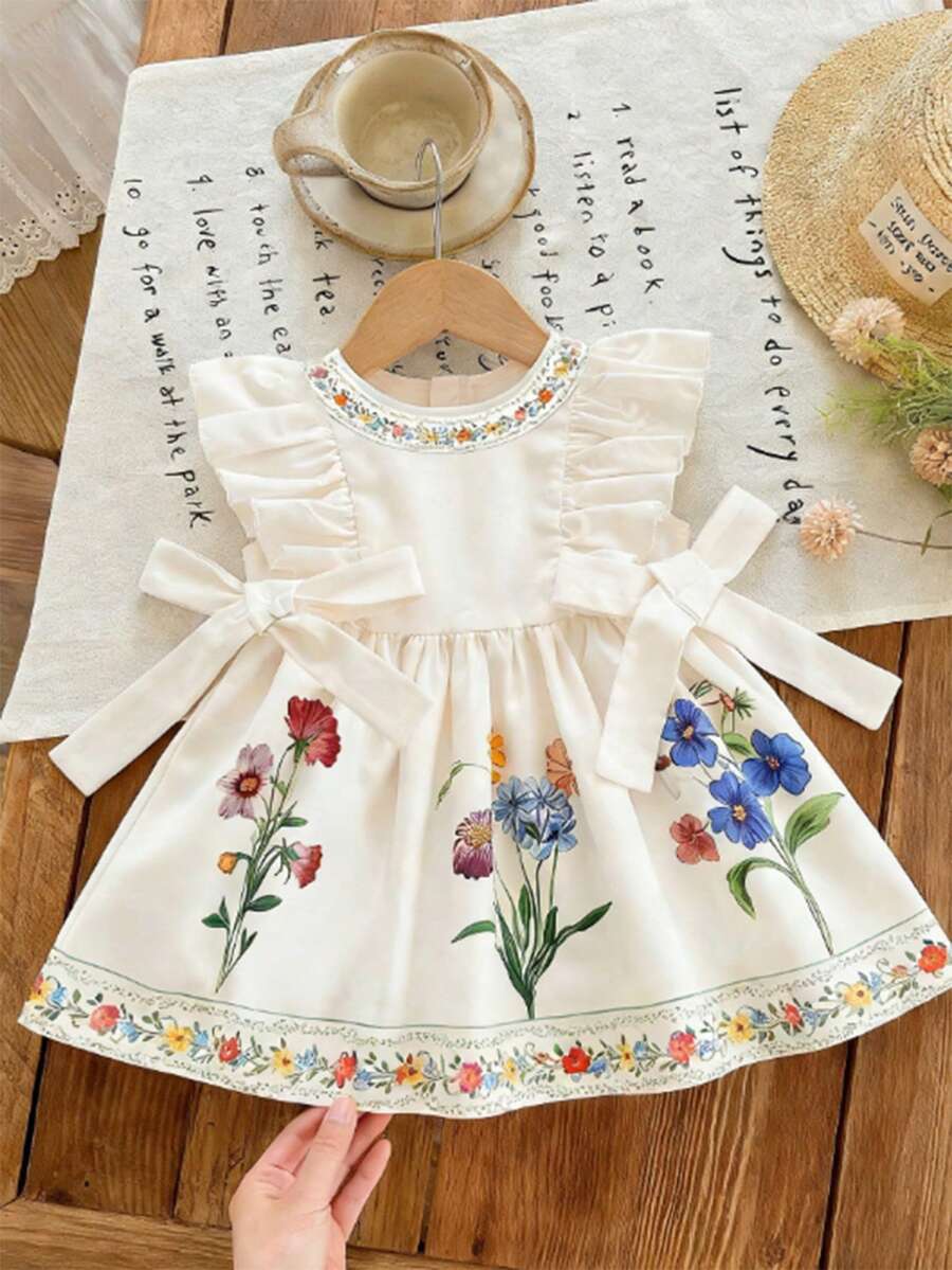 LMoss Kids Baby Girl Woven Floral Pattern Round Neck Ruffle Hem Casual Dress - Multicolor - View 1