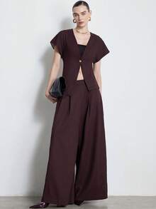 Aveloria Modichic Women's Solid Color Metal Single Button Short Sleeve Top And Wide Leg Pants Casual 2 Pieces Set - Chocolate Brown - View 1
